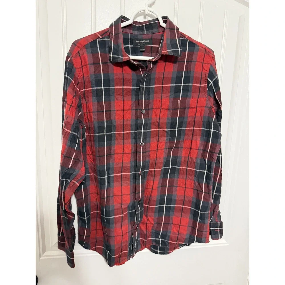 Banana Republic Shirt Mens L Lightweight Flannel Red Plaid Button Down EUC